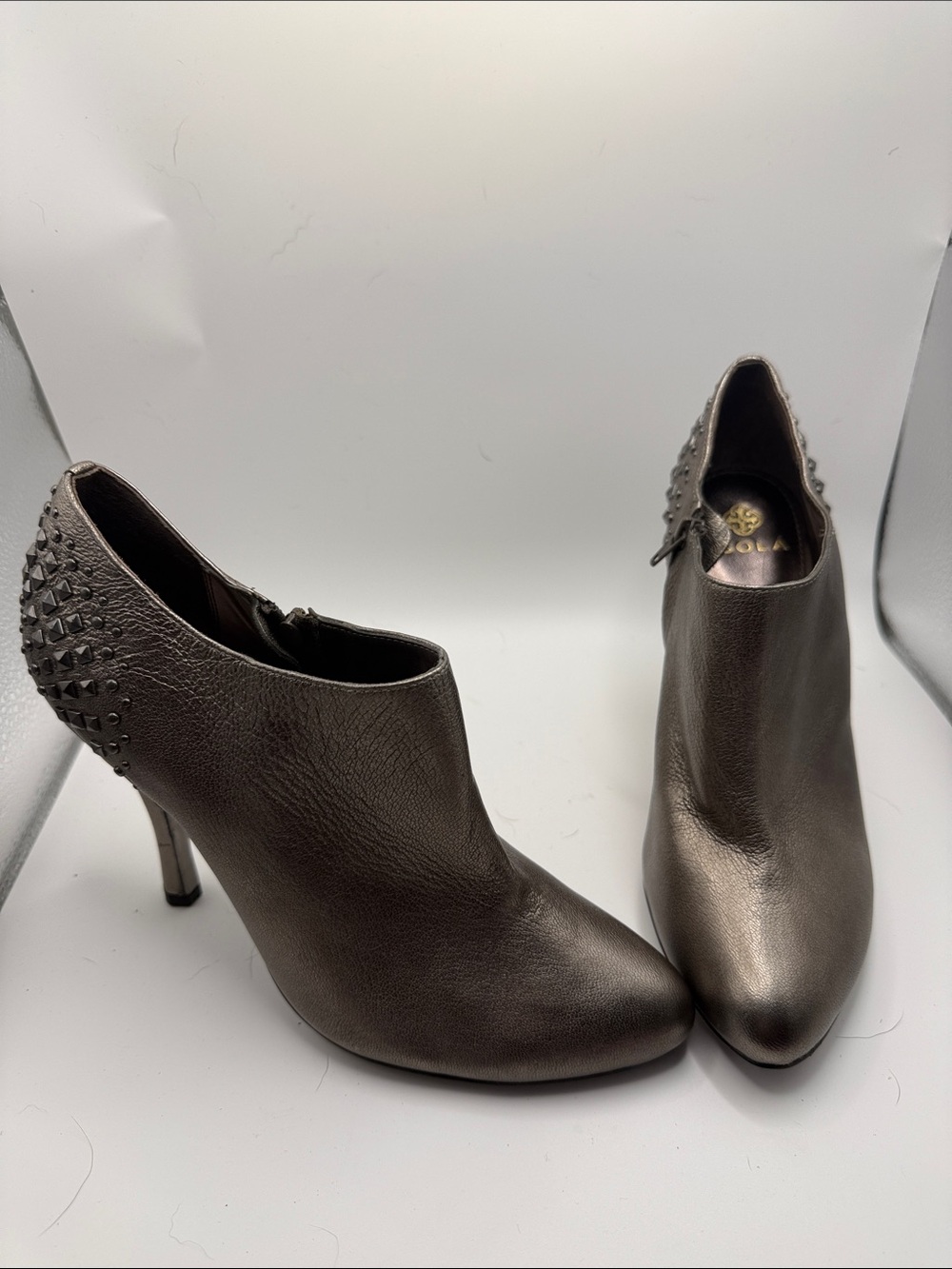 Isola Metallic Pewter Studded Leather Ankle Booties